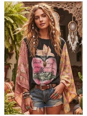 Boho Graphic Peach Tee with Pink & Black Floral Print